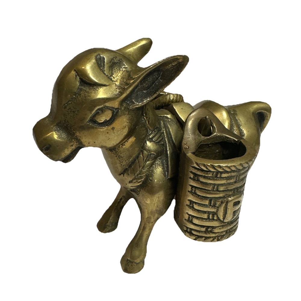Vintage Brass Donkey Salt & Pepper/Toothpick Holder w/2 S Hanging Baskets Korea
